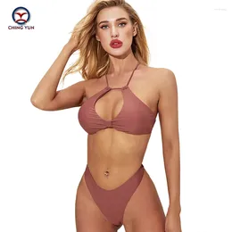 Women's Swimwear CHINGYUN 2024 Solid Tight Colour Bikini Swimsuit Sexy Hollow Out Mid-Waist Backless Woman