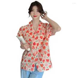 Women's Blouses Summer Shirt Korean Version Holiday Cotton Linen Bubble Sleeve Tops Sweet Love Print Blouse S-6XL Blusa Mujer Moda 2024