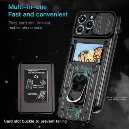 Case For iPhone 15 14 13 12 Pro Max XR X 8 7 Plus SE Slide Stand Ring Camera Military Grade Card Slot Cover