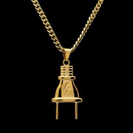 14K Gold Plated Mens Hip Hop Lighting Plug Pendant Necklace with 70cm Long Cuban Link Chain Jewelry249K