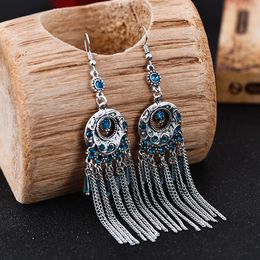 Retro Silver Colour Jhumka Earrings Boho Gypsy Grenn Beads Tassel Indian Drop Earrings Women Orecchini Jewellery