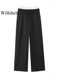 Women's Pants Women Fashion Striped Pleated Lace Up Straight Vintage High Elastic Waist Full Length Female Chic Lady Trousers