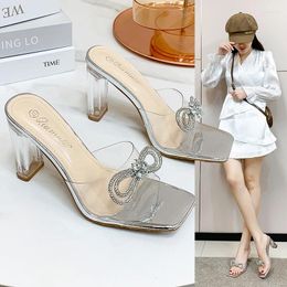 Slippers Crystal Bowknot High-Heeled Sandals Women 2024 Summer Silver Transparent Pvc Woman Slip On Party Shoes Ladies
