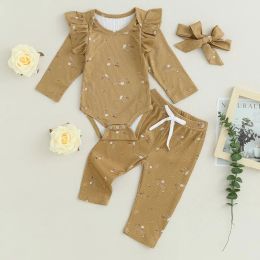 Trousers New Spring Autumn Baby Girls 3 Piece Outfit Floral Ribbed Long Sleeves Romper and Casual Pants Headband Newborn Clothes Sets