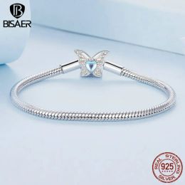 BISAER 925 Sterling Silver Moonstone Butterfly Basic Snake Bracelet Plated Platinum for Women Beads & Charms DIY Fine Jewelry