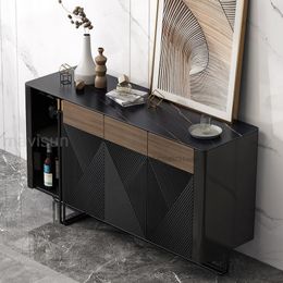Black Sideboard For Dining Or Living Room Modern Home Furniture Rock Slab Table Top Cupboard Solid Wood Hallway Storage Cabinet