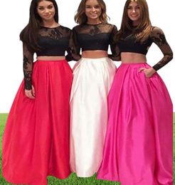 New Red Evening Gown ALine Two Piece Prom Dress with Pockets Round Neck Open Back Black Lace Long Sleeves Prom Dresses Long4117770