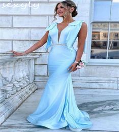 Party Dresses Light Blue Mermaid Prom 2024 With Bow Straps Elegant Low Back Beaded Evening Dress Charming Formal Ceremony Gowns