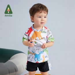 Amila Baby Boy Swimsuit 2023 Summer New Cute Hand-painted Dinosaur Print T-shirt + Speedo Speed Dry Suit Children's Clothes 0-6Y