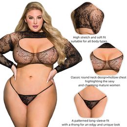 Comeondear Sexy See Through Fishnet Top Panties Set Black High Elastic Lingerie Thong Long Sleeve Floral Bikini Underwear Outfit