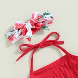 2022-12-30 Lioraitiin 0-3Years Toddler Girls Swimsuits Tassel Tops Strawberry/Flower Print Shorts Headband Split Bathing Suit