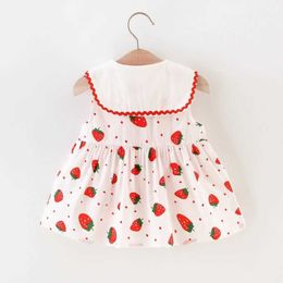 Girl's Dresses Girls Dress Summer New Childrens Dress Strawberry Polka Dot Print Skirt Cute Lapel Belt Wrap Sundress 2024 Girl Clothes