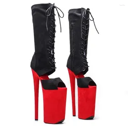 Dance Shoes Auman Ale 26CM/10inches Black With Red Suede Upper Sexy Exotic High Heel Platform Party Women Boots Pole 002