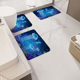 Dolphin Bath Mat Set Ocean Animals Fish Coral Underwater Scenery Children Home Carpet Bathroom Decor Non-Slip Rug U-shaped Mats