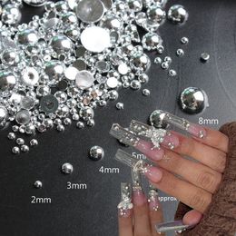 100pcs Punk Silver Pearl Nail Art Charms 3D Gothic Design Mirror Nail Rhinestones 2/3/4/5/6cm Half Round Pearl Manicure Tips*-GH