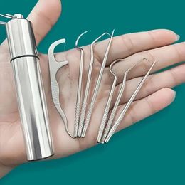 Dental Teeth Pick 7pc Stainless Steel Toothpick Set Reusable Tooth Stains Remover Dental Tool Teeth Cleaning Tools with Holder for Outdoor Picnic, Camping, Travel