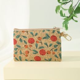 20pcs Coin Purses Women Cork Leather Fruit Geometry Printing Data Cable Short Wallet With Keychain