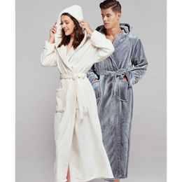 Extra Long Winter Coral Fleece Hooded Bathrobe Kimono Warm Flannel Bath Robe Men Robes Night Sleepwear Women Dressing Gown
