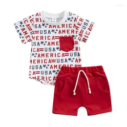 Clothing Sets Toddler Baby 4th Of July Outfit Short Sleeve Round Neck Patriotic Shirt Drawstring Shorts Set Summer Clothes