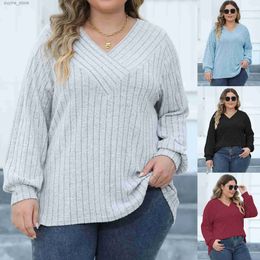 Basic Casual Dresses Plus Size Long Sleeve V-neck Ribbed Sweatshirt Spring Fall Fashion V Neck Solid Ribbed Knit Casual Tee Tops Female 2024 Clothes L49