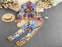 Print Runway Fashion Elegant Vintage Pant Suit Ruffle Blouse Shirt Top And Long Pants Two Piece Set Women Sets Women039s6158156