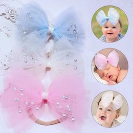 24pc/lot lace bow baby baby pearl nylon headband kid gilr弾性ヘアバンド