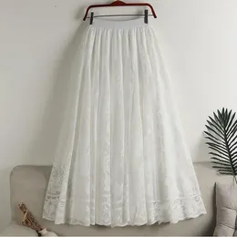 Skirts Crochet Hollow Out Lace Long Skirt Women 2024 Spring Summer Vintage Elegant A Line High Waist Maxi Female White Z575