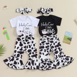 Trousers ma&baby 618M Newborn Infant Baby Girls Clothes Sets Short Sleeve Letter Cow Print Romper Flared Pants Headband Outfits D05