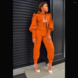 Women's Two Piece Pants 2024 Women Set Zipper Stand Collar Long Puff Sleeve Short Jacket Tops High Waist Slim Business Suit