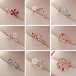 Cluster Rings Korean Sweet Shell Flower Ring Female Exquisite Rhinestone Opal Heart Opening Finger For Women Girls Party Wedding Jewellery