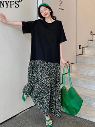 Party Dresses NYFS 2024 Summer Korea Woman Dress Vestidos Robe Elbise Loose Plus Size Patchwork Green Floral Short Sleeve Long