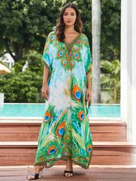 Basic Casual Dresses Green Flower Printed Sexy V Neck Kaftan Dress For Women 2024 Summer Casual Batwing Sleeve Beachwear Plus Size Cover Up Q1594 L49