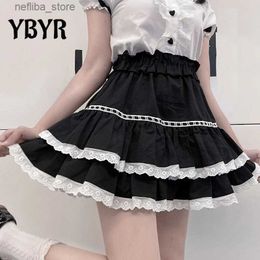 Sexy Skirt Lolita Women Mini Skirts 2022 New y Lace High Waist A-line Black Pleated Skirt School Girls Hem Cute Streetwear Harakuju L410