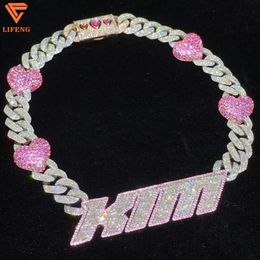 2024 Fashion Hiphop Jewelry S925 Pink Love Heart Fancy Cut Necklace Iced Out Vvs Moissanite Cuban Link Chain with Letter Charm