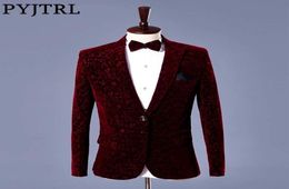 PYJTRL Men Autumn Winter Wine Red Velvet Floral Print Wedding Suit Jacket Slim Fit Blazer Designs Stage Costumes For Singers6263529