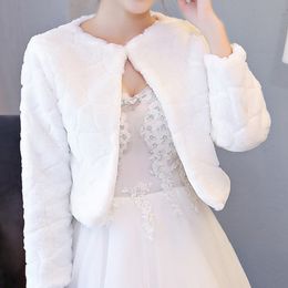 E JUE SHUNG White Winter Wedding Bolero Wedding Shawls Bridal Shrug Faux Fur Women Wraps Bridal Jacket Party Coat