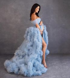 Light Sky Blue Prom Dresses for Pregnant Women Tiered Ruffles Evening Dress Front Split Poshoot Maternity Gowns4212710