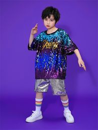 Girls Jazz Costume Children Purple Blue Sequin Hip Hop Set Street Dance Performance Set Stage Dance Wear Flared Sleeve Clothes