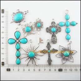 Retro Tibetan Silver Plated Flower Key Sun Cross Turquoise Stone Charms Pendants