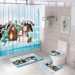 Shower Curtains Winter Landscape Xmas Tree Curtain Sets Non-Slip Rug Toilet Lid Cover Bath Mat Christmas Snowman Bathroom Decor