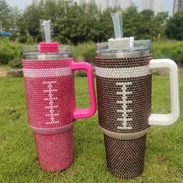 40oz Diamond Tumbler with Handle Stainless Steel Insulated Mug Coffee Thermos Cup with Straw and Lid Travel In-Car Vacuum Bottle 240411
