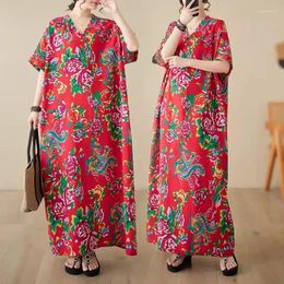 Party Dresses Oversized Chinese Style Dress Women Retro 2024 Spring/Summer V-Neck Large Size Loose Art Holiday P0rinted K049