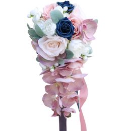 Pink Bridal Bouquet Wedding Rose Orchid Lilies of the Valley Cascading Waterfall Style Flores Para Casamento Fall Fake Bouquet