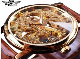 Winner Transparent Golden Case Luxury Casual Design Brown Leather Strap Mens Watches Top Brand Luxury Mechanical Skeleton Watch8655248