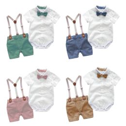 Trousers Newborn Baby Boy Bow Formal Romper Clothes Suits Gentleman Party Suit Soft Cotton Jumpsuit + Suspender Pants Infant Toddler Set