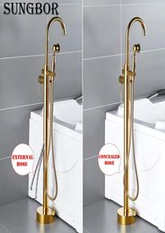 Bathtub Faucet Gold Round Spout Single Handle Mixer Water Taps Bathroom Bath Hand Shower Floor Mounted Tub Faucet Set HD2678K15237228