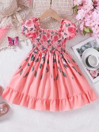 Girl's Dresses Girls summer new casual vacation style romantic rose dress age-reducing puff sleeve dress