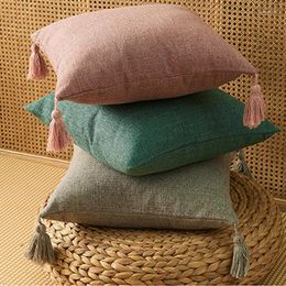 Pillow Linen&Cotton Solid Colour Cover With TasselS 45x45cm Low-key Light Luxury Case Household Sofa Home Decoration