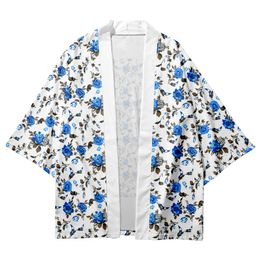 Japanese Traditional Cardigan Haori Women Men Harajuku Blue Flower Print White Kimono Cosplay Tops Blouse Yukata Clothing