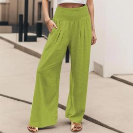 Women's Pants 2024 Summer Women Cotton Linen Wide Leg Female High Waist Palazzo Elastic Comfortable Casual Pocket Trousers